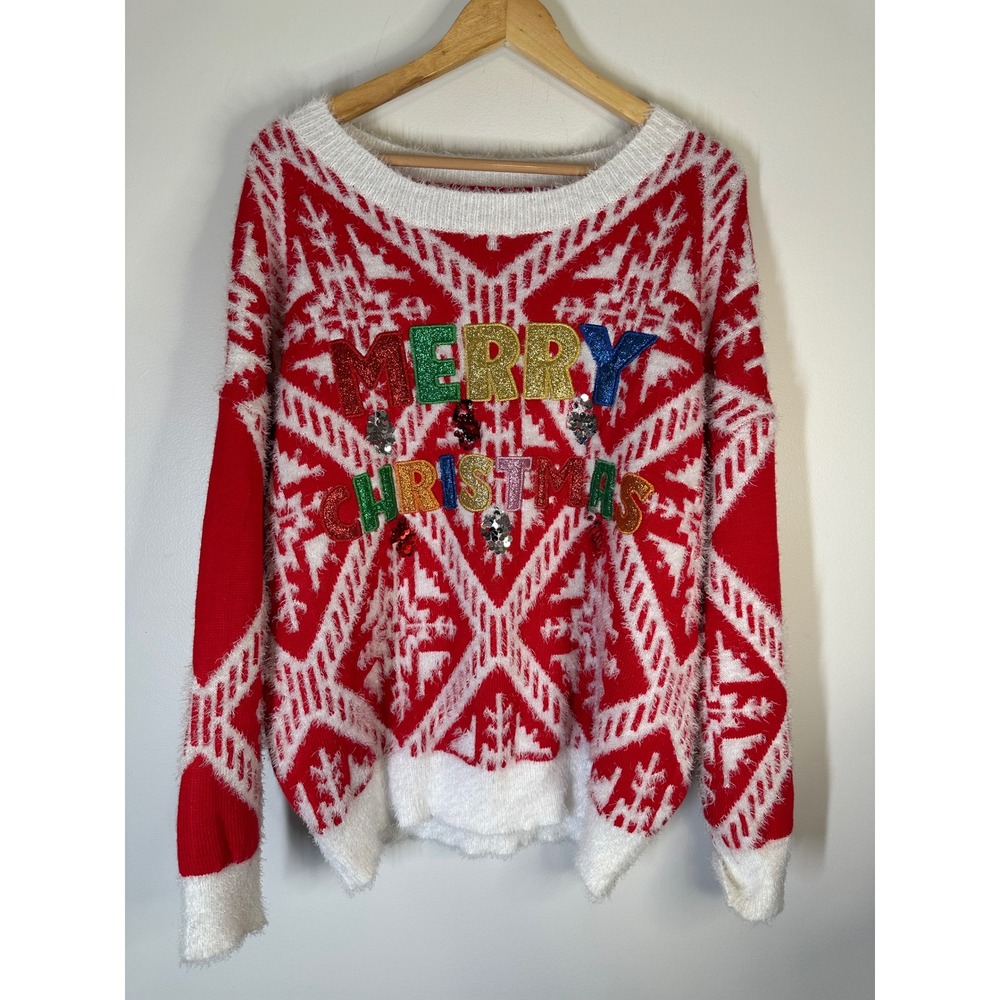 Holiday Times Fair Isle Christmas Sweater Tinsel Glitter Christmas Womens XL